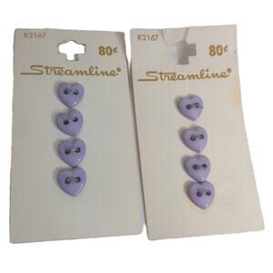 Vintage Streamline Lilac Heart Shape 4 Pack Buttons Set of 2 New